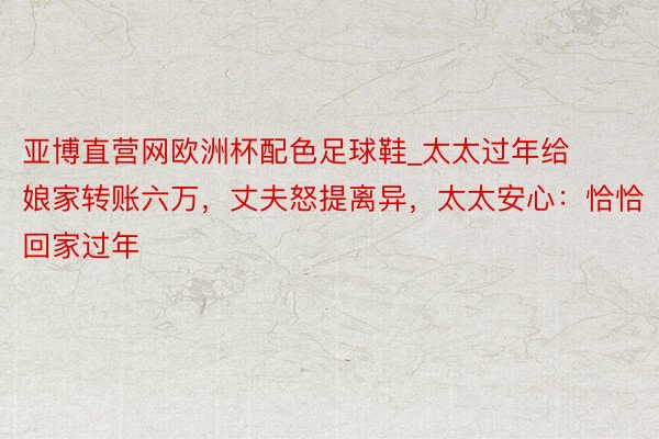 亚博直营网欧洲杯配色足球鞋_太太过年给娘家转账六万，丈夫怒提离异，太太安心：恰恰回家过年